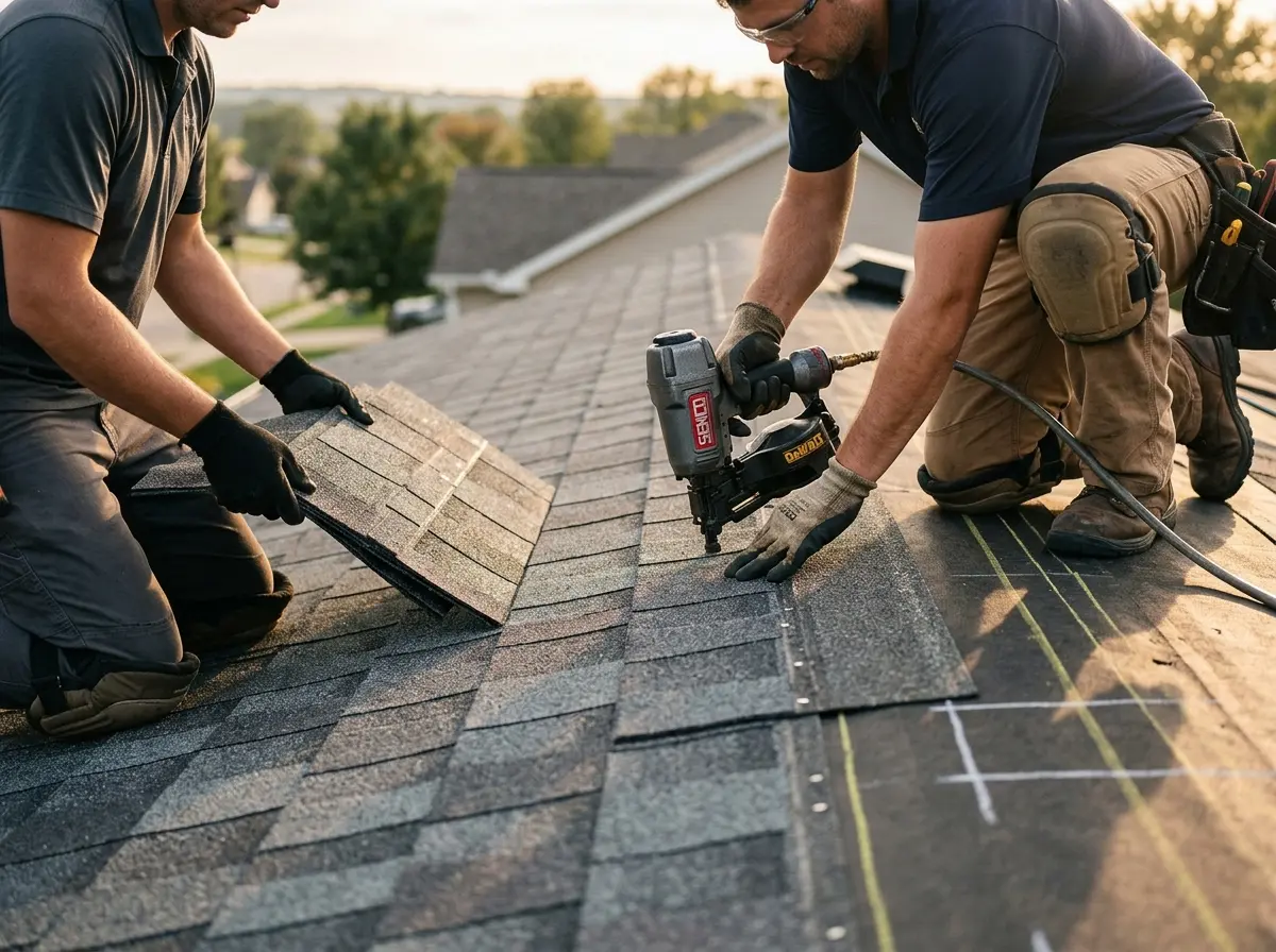 Professional roofer working on a residential roof in Conley